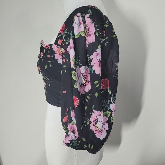 Yumi Kim Norma Jean Crop Top Tie Front Puffy Sleeves Floral Garland Black Small - Picture 3 of 7